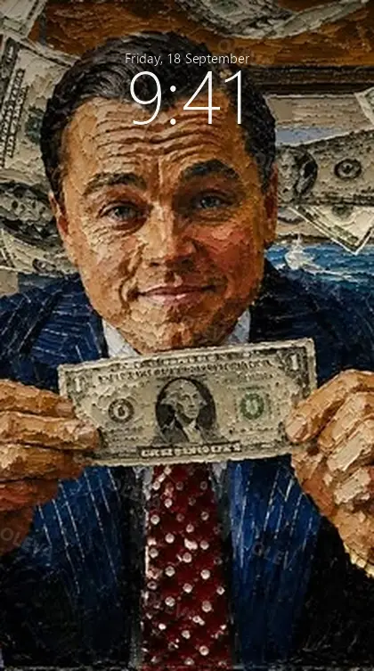 Versión de móvil: Hombre de traje mostrando un billete de dólar entre billetes voladores, pintura al óleo