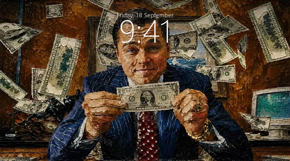 Hombre de traje mostrando un billete de dólar entre billetes voladores, pintura al óleo