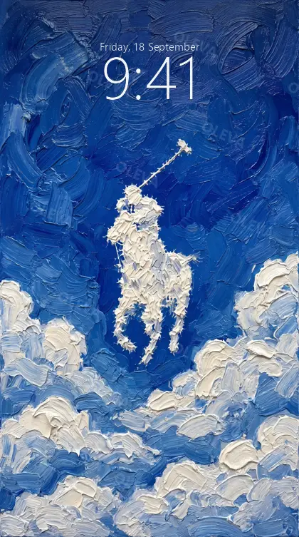 Versión de móvil: Caballo con jinete formado por nubes en un cielo azul cobalto, pintura al óleo
