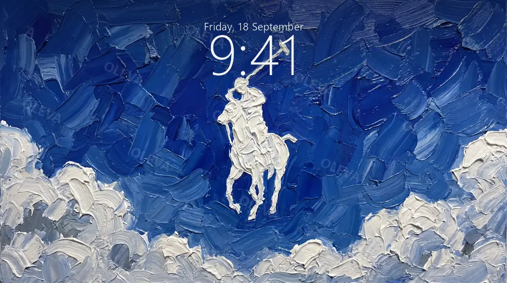 Caballo con jinete formado por nubes en un cielo azul cobalto, pintura al óleo
