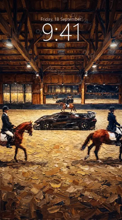 Versión de móvil: Dos jinetes a caballo junto a un deportivo negro en un picadero cubierto, óleo con textura