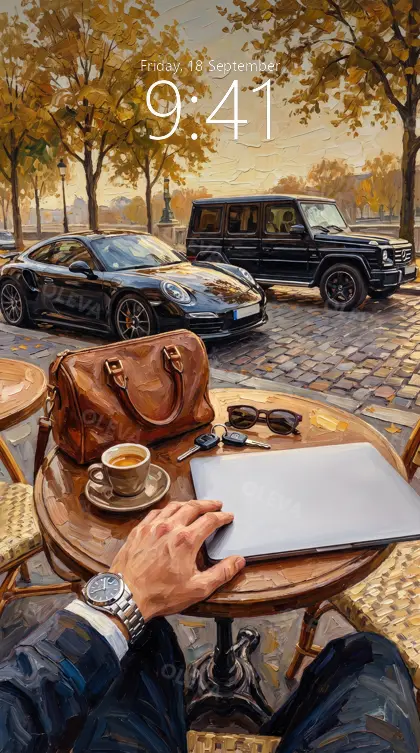 Versión de móvil: Mano con reloj sobre una mesa de café con espresso, dos coches aparcados al fondo, óleo