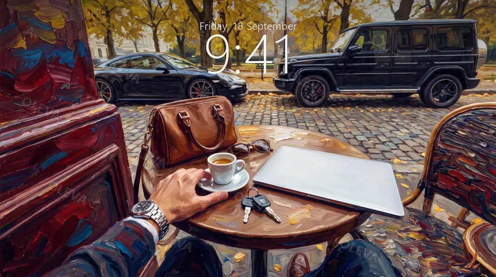 Mano con reloj sobre una mesa de café con espresso, dos coches aparcados al fondo, óleo