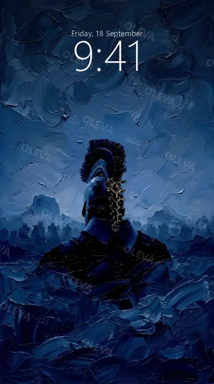 Versión de móvil: Casco espartano azul frente a montañas azules, pintura al óleo con relieve
