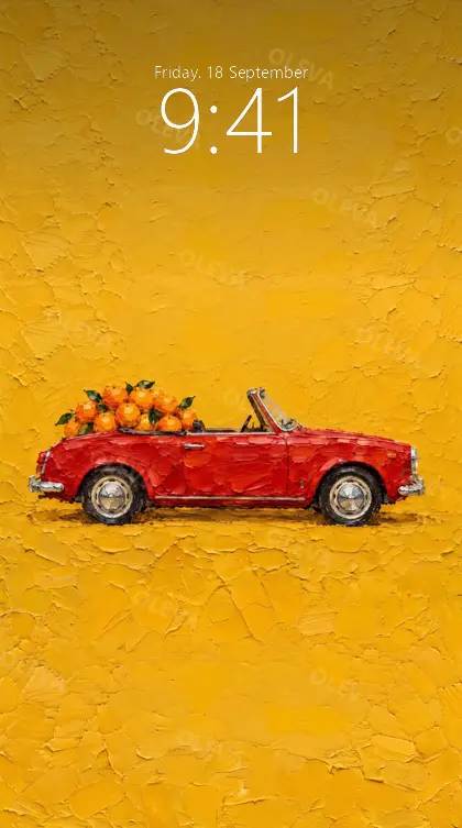 Versión de móvil: Descapotable rojo clásico cargado de naranjas sobre fondo amarillo mostaza, pintura al óleo