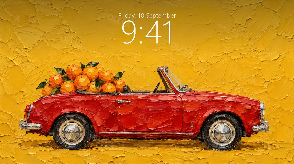 Descapotable rojo clásico cargado de naranjas sobre fondo amarillo mostaza, pintura al óleo