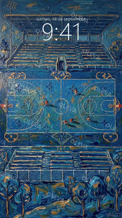Versión de móvil: Pista de baloncesto vista desde arriba con jugadores y ornamentos azules, óleo con relieve