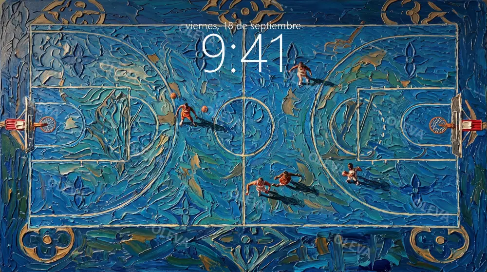 Pista de baloncesto vista desde arriba con jugadores y ornamentos azules, óleo con relieve