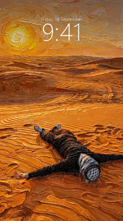 Versión de móvil: Persona tumbada en las dunas del desierto al atardecer, pintura al óleo de espátula