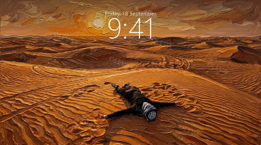 Persona tumbada en las dunas del desierto al atardecer, pintura al óleo de espátula