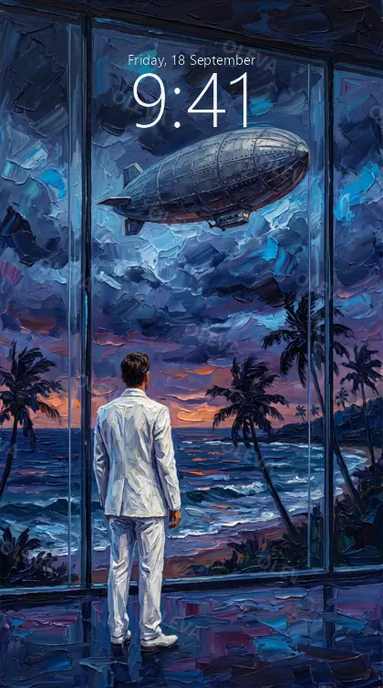 Versión de móvil: Hombre de blanco ante un ventanal frente al mar con un dirigible en el cielo, óleo