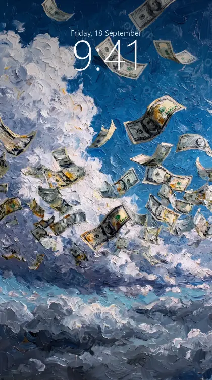 Versión de móvil: Billetes de dólar flotando entre nubes de tormenta y cielo azul, pintura al óleo