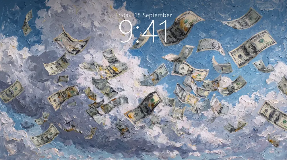 Billetes de dólar flotando entre nubes de tormenta y cielo azul, pintura al óleo