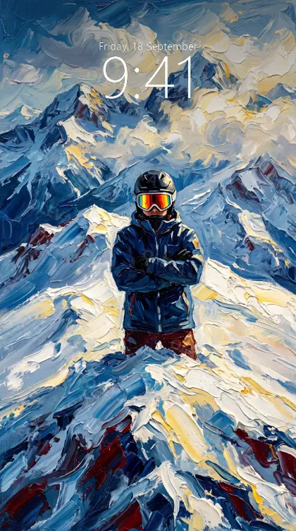Versión de móvil: Esquiador con casco y gafas de espejo, brazos cruzados, ante montañas nevadas, óleo de espátula