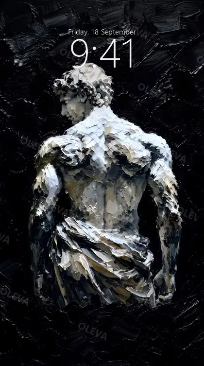 Versión de móvil: Escultura de mármol vista de espaldas sobre fondo negro, pintura al óleo de espátula