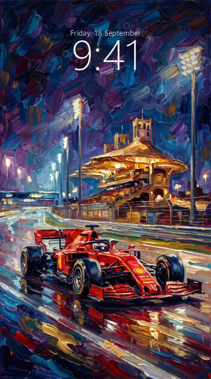 Versión de móvil: Monoplaza rojo sobre pista mojada de noche bajo focos, pintura al óleo