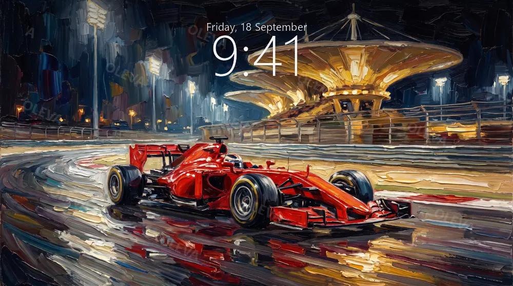 Monoplaza rojo sobre pista mojada de noche bajo focos, pintura al óleo