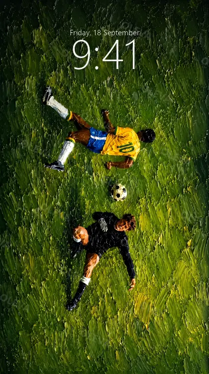 Versión de móvil: Dos futbolistas disputando un balón visto desde arriba sobre césped, óleo con textura