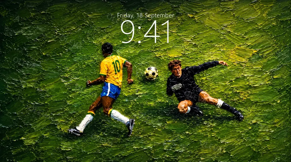 Dos futbolistas disputando un balón visto desde arriba sobre césped, óleo con textura
