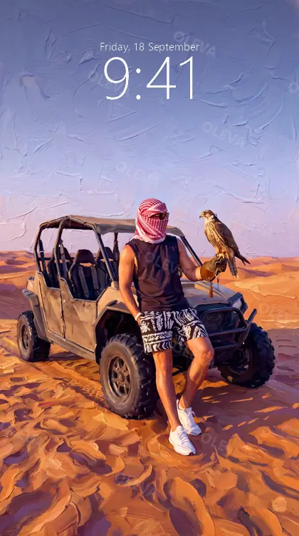 Versión de móvil: Hombre con pañuelo sosteniendo un halcón junto a un buggy en el desierto, óleo de espátula