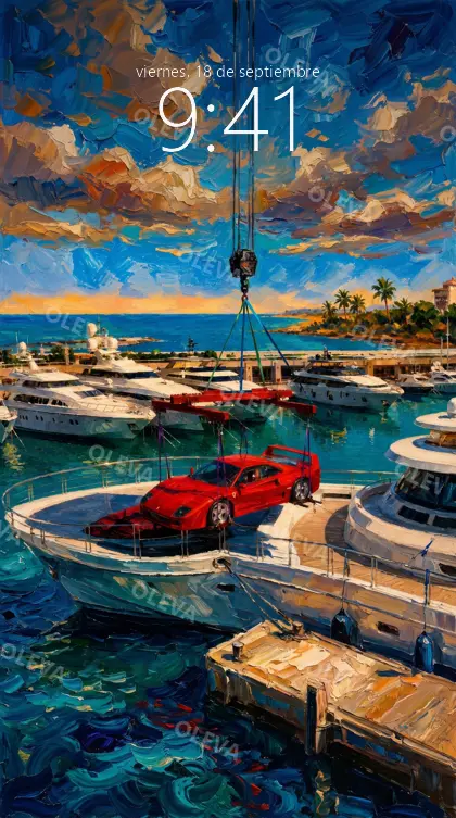 Versión de móvil: Deportivo rojo sobre la cubierta de un yate en un puerto deportivo, pintura al óleo
