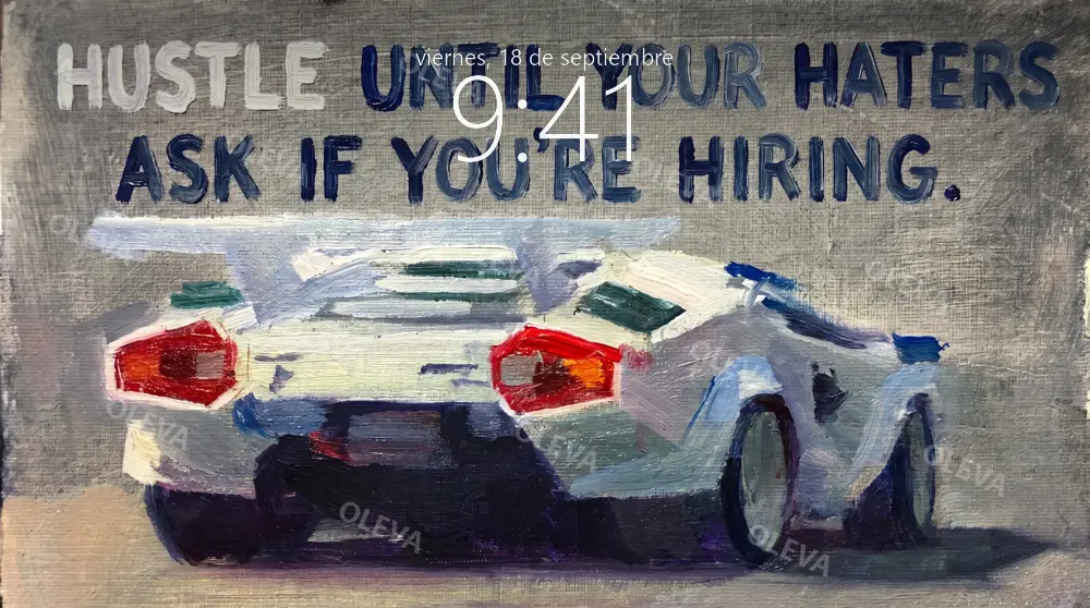 Deportivo blanco visto por detrás con el lema «Hustle until your haters ask if you're hiring», óleo