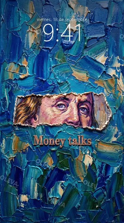 Versión de móvil: Billete rasgado con la frase «Money talks» sobre fondo azul, pintura al óleo con textura