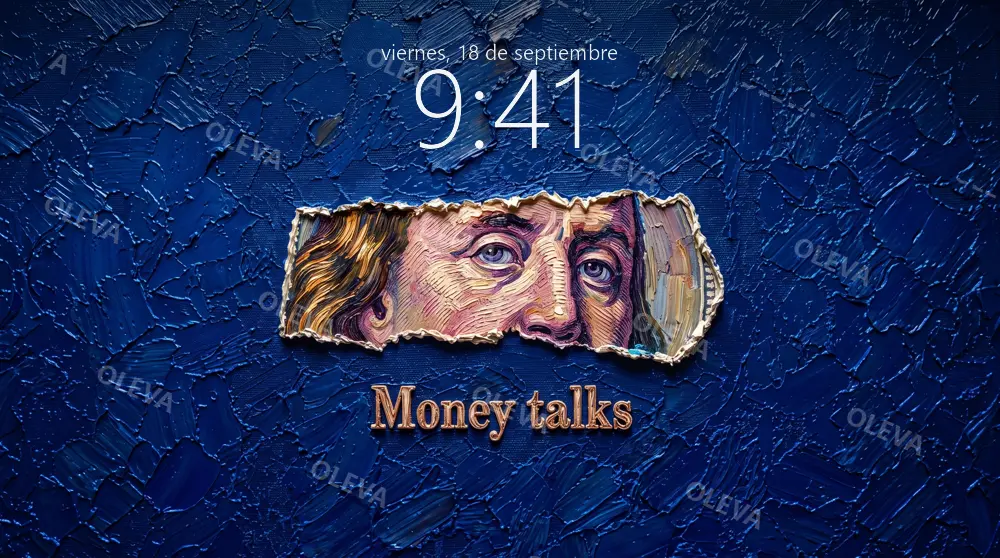 Billete rasgado con la frase «Money talks» sobre fondo azul, pintura al óleo con textura