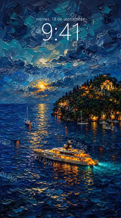 Versión de móvil: Bahía al anochecer con un yate iluminado y veleros bajo la luna, óleo de espátula