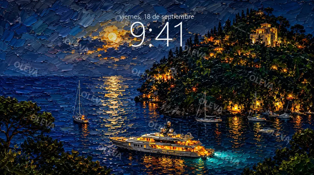 Bahía al anochecer con un yate iluminado y veleros bajo la luna, óleo de espátula