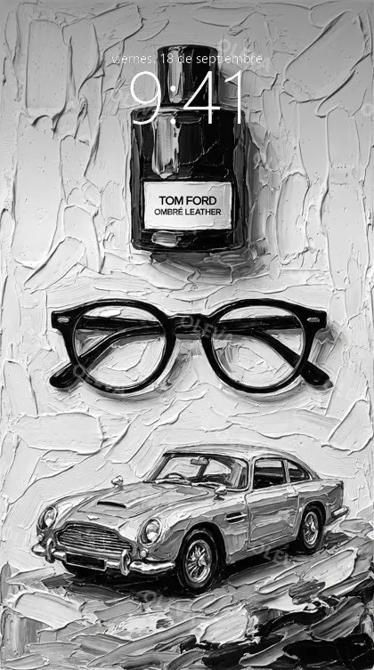 Versión de móvil: Bodegón en blanco y negro con gafas, un perfume y un coche clásico en miniatura, óleo