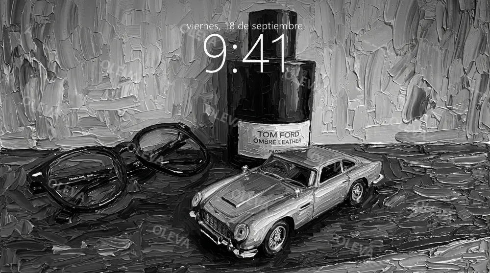 Bodegón en blanco y negro con gafas, un perfume y un coche clásico en miniatura, óleo