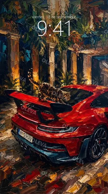 Versión de móvil: Gato de manchas de leopardo sobre el alerón de un deportivo rojo, pintura al óleo