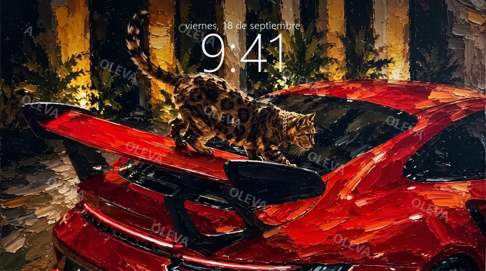 Gato de manchas de leopardo sobre el alerón de un deportivo rojo, pintura al óleo