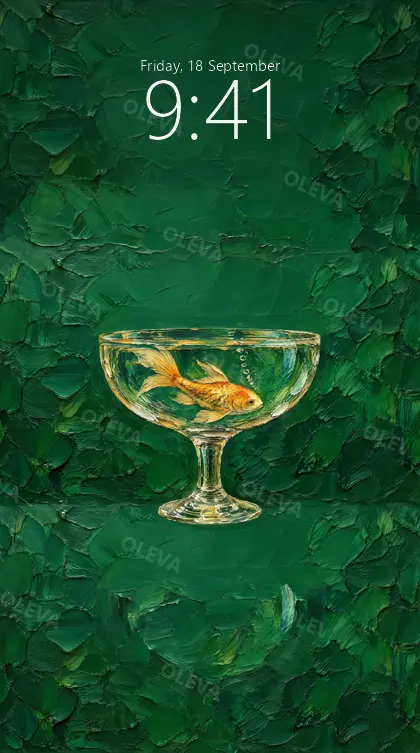 Versión de móvil: Pez koi dorado nadando en una copa de cristal sobre fondo verde esmeralda, pintura al óleo