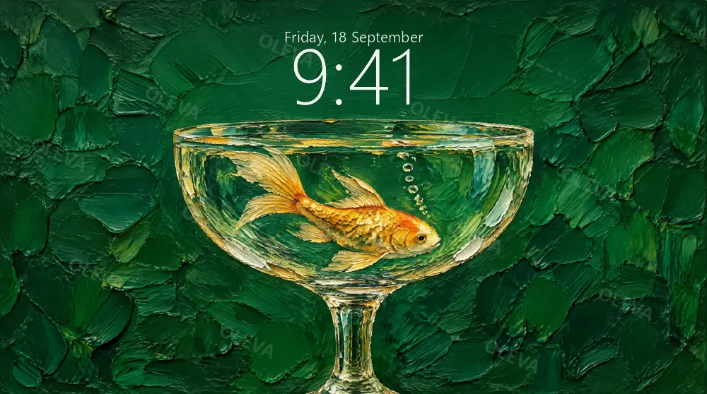 Pez koi dorado nadando en una copa de cristal sobre fondo verde esmeralda, pintura al óleo
