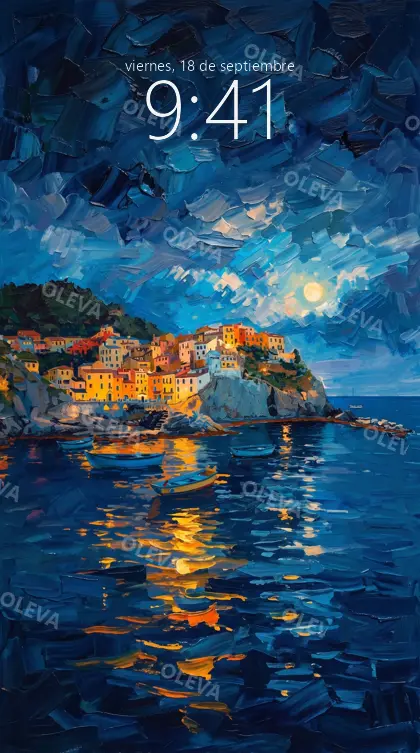 Versión de móvil: Pueblo costero de casas de colores sobre un acantilado al atardecer, pintura al óleo con relieve