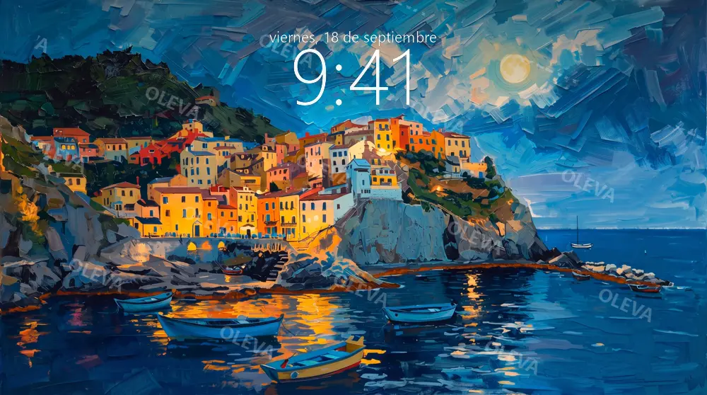 Pueblo costero de casas de colores sobre un acantilado al atardecer, pintura al óleo con relieve