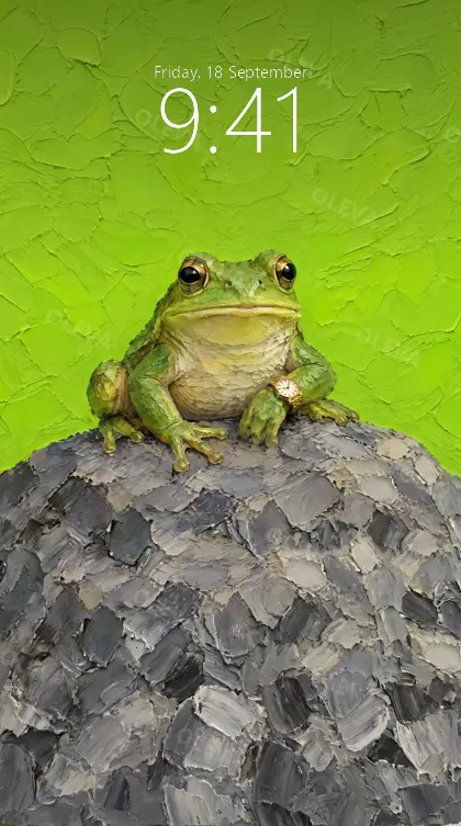 Versión de móvil: Rana verde con un reloj dorado en la pata sobre una piedra gris, fondo verde lima, pintura al óleo con empaste