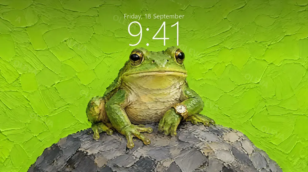 Rana verde con un reloj dorado en la pata sobre una piedra gris, fondo verde lima, pintura al óleo con empaste