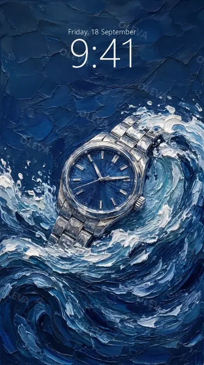 Versión de móvil: Reloj de acero cuya correa se convierte en una ola azul sobre fondo azul marino, pintura al óleo
