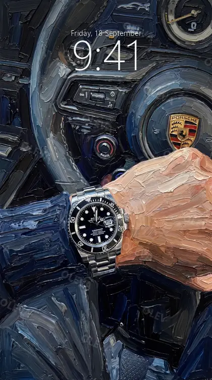 Versión de móvil: Muñeca con reloj de acero sobre el volante de un deportivo, pintura al óleo