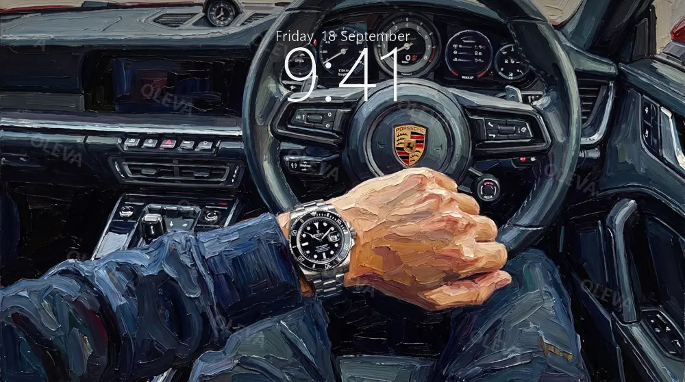 Muñeca con reloj de acero sobre el volante de un deportivo, pintura al óleo