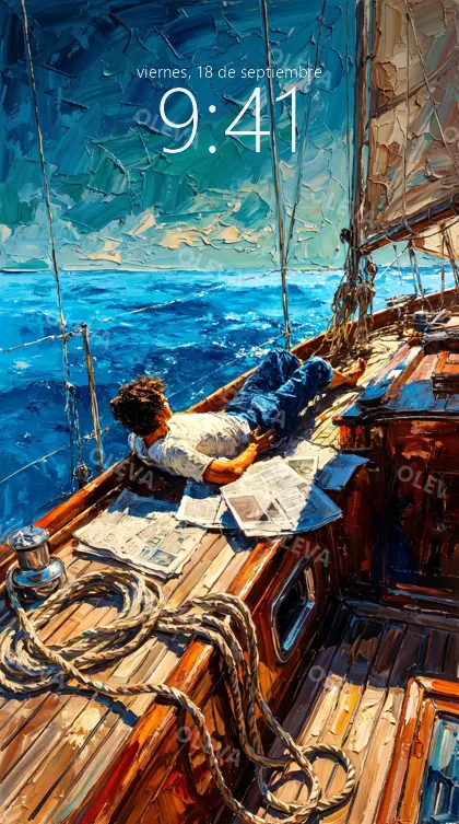 Versión de móvil: Hombre tumbado en la cubierta de un velero con el periódico, óleo de pincelada gruesa sobre el mar azul