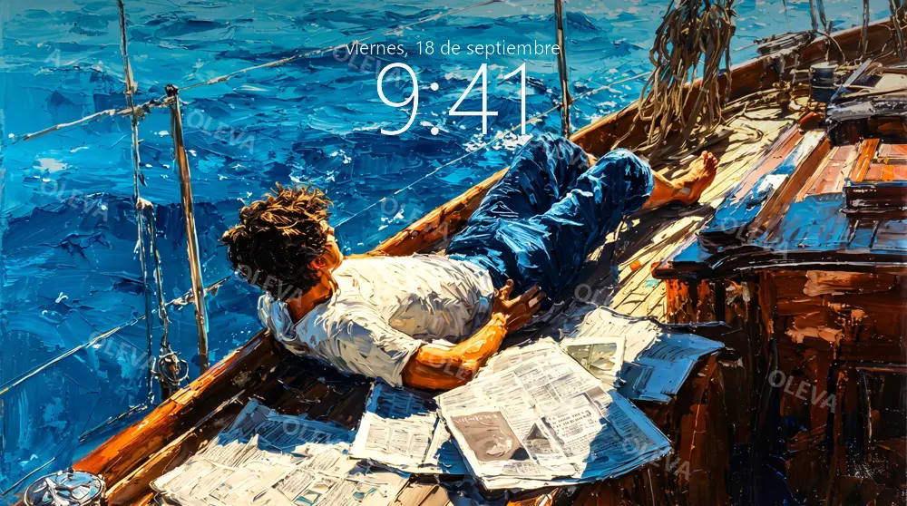 Hombre tumbado en la cubierta de un velero con el periódico, óleo de pincelada gruesa sobre el mar azul
