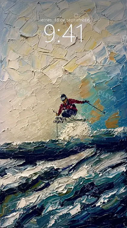 Versión de móvil: Esquiador saltando sobre la nieve y las olas, pintura al óleo de espátula