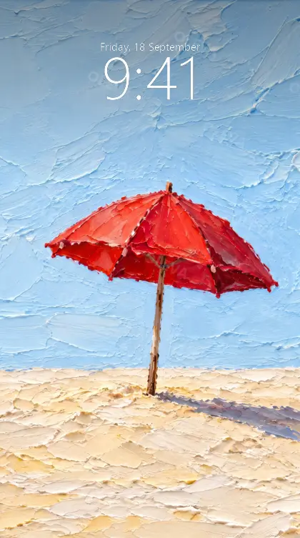 Versión de móvil: Sombrilla roja solitaria en una playa de arena crema bajo un cielo azul claro, pintura al óleo