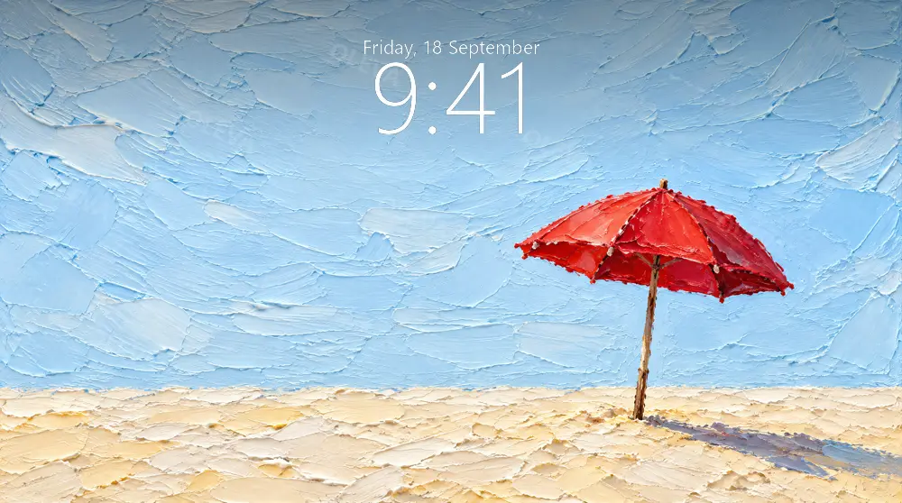 Sombrilla roja solitaria en una playa de arena crema bajo un cielo azul claro, pintura al óleo