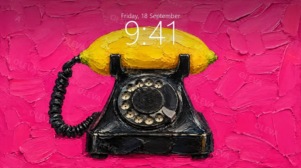 Teléfono negro antiguo con un limón amarillo como auricular sobre fondo rosa intenso, óleo con relieve