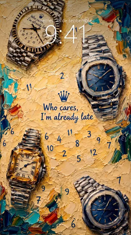 Versión de móvil: Cuatro relojes de lujo sobre fondo crema con la frase «Who cares, I'm already late», óleo